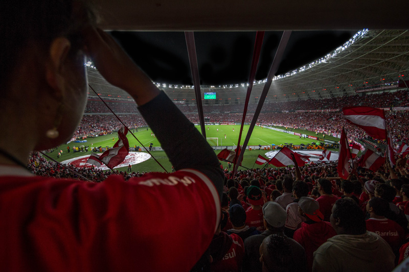 crowd waving flags while watching a soccer match